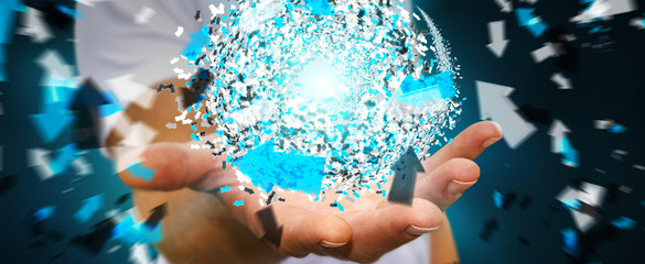 Businessman holding 3D rendering data network sphere in his hand