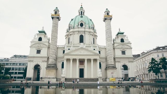 Exterior shot of St. Charles's Church (Karlskirche), a baroque church located on the south side of Karlsplatz in Vienna, Austria.
