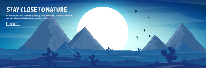 Fototapeta premium Desert trip header. Extreme tourism and travelling. Back to nature. Sands.Exploring Africa. Horizont line with sky,stars. Mountaines, flying birds.
