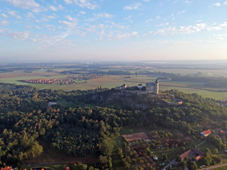 Obraz premium Medieval Kunětická hora castle and landscape view from airplane near city of Pardubice in Central Europe - Czechia 