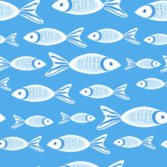 Marine seamless vector pattern cartoon cute swimming fish colorful illustration isolated on blue background, summer decorative texture, design for wallpaper, sea backdrop, textile, wrapping paper