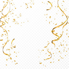 Celebration background template with confetti and gold ribbons. - obrazy, fototapety, plakaty