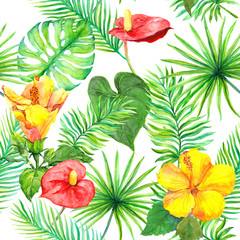 Fototapeta na wymiar Tropical leaves, exotic flowers. Seamless jungle pattern. Watercolour