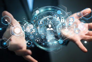 Businessman using social network interface 3D rendering