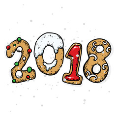 Christmas cookies in the form of numbers. New Year 2018. Vector illustration for a postcard or a poster.