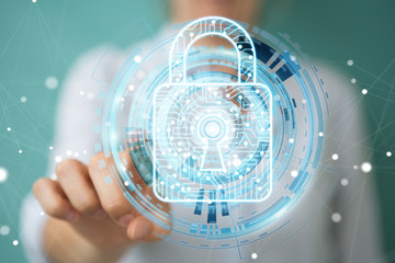 Businesswoman hacking security system 3D rendering