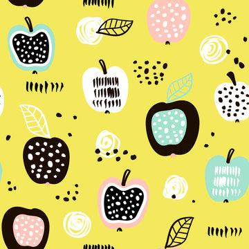 Seamless pattern with creative modern fruits. Hand drawn trendy background. Great for fabric and textile. Vector Illustration