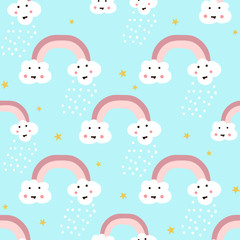 Seamless pattern with rainbow and happy clouds. Childish vector texture for fabric, textile.
