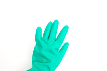 Left hand in green Chemical Rubber Glove for cleaning on white background