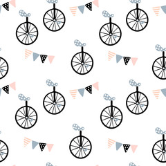 Seamless pattern with monocycle and Flag garland. Childish texture for fabric, textile. Vector background
