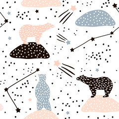 Nahtloses Muster mit Eisbären-Silhouette und Konstellationen. Perfekt für Stoff, Textil.Vector Hintergrund