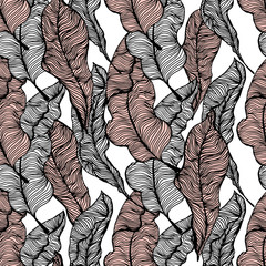 Seamless pattern with hand drawn tropical leaves. Trendy palm branches. Vector illustration