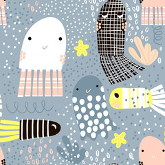 Seamless pattern with sea animal jelly fish, fish. Undersea Childish texture for fabric, textile. Vector background