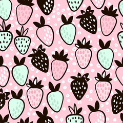 Seamless pattern with hand drawn strawberry. Cute pink childish background. Vector Illustration.