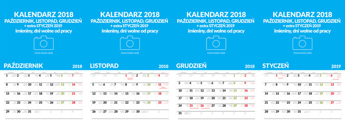 Polski kalendarz ścienny format A3 zawiera imieniny i święta. Cztery miesiące Październik, Listopad, Grudzień i Styczeń 2019. Pozostałe w innych plikach