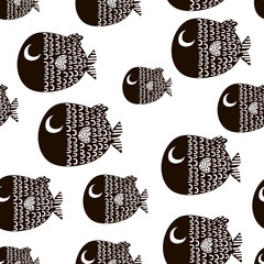 Modèle sans couture avec des poissons de dessin animé. Texture enfantine scandinave pour tissu, textile. Fond de vecteur