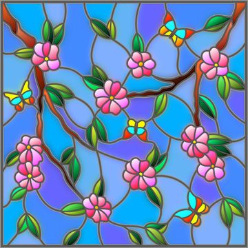 Illustration in stained glass style with abstract cherry blossoms and butterflies on a sky background