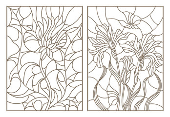 Set contour illustrations of stained glass with flowers, thistles and irises with butterflies