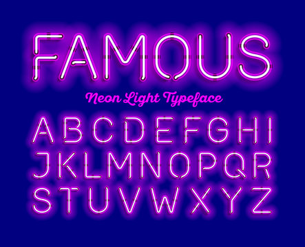 Famous, neon light typeface. Purple modern neon tube glow font