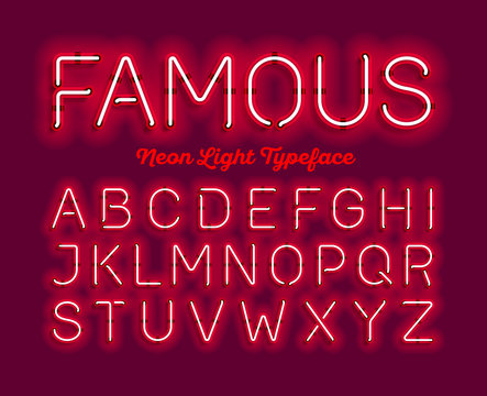 Famous, neon light typeface. Red modern neon tube glow font