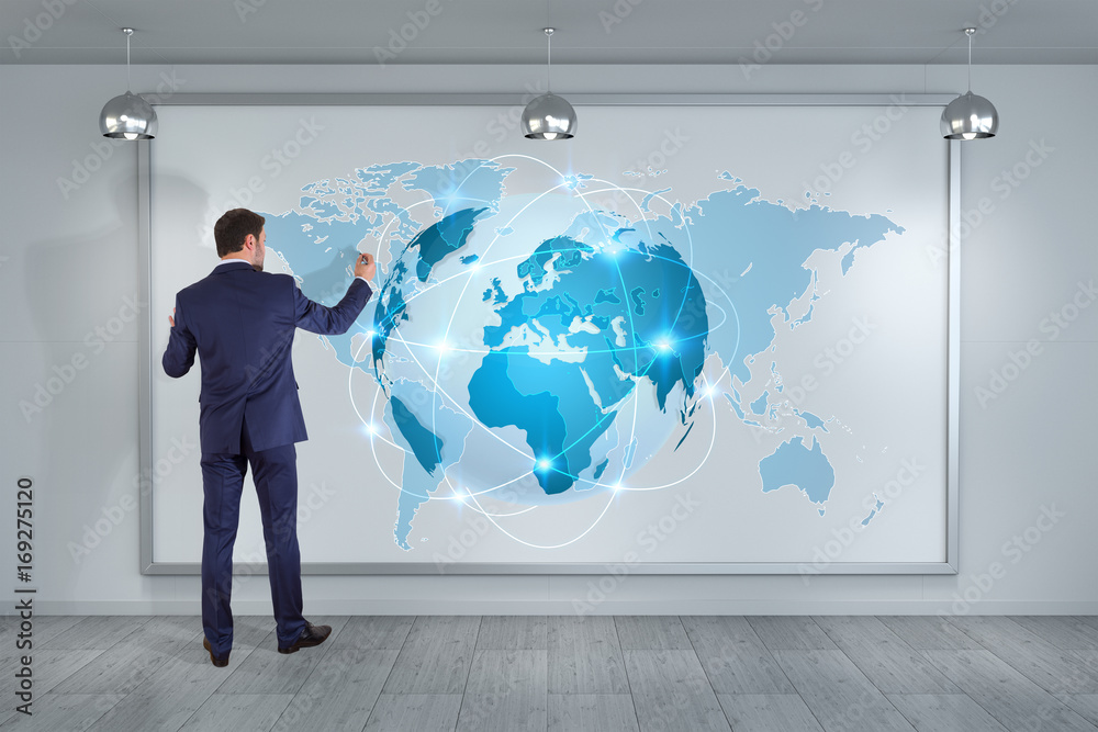 Aufkleber Businessman using digital planet earth interface on a board 3D rendering