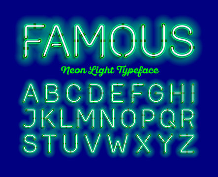 Famous, neon light typeface. Green modern neon tube glow font