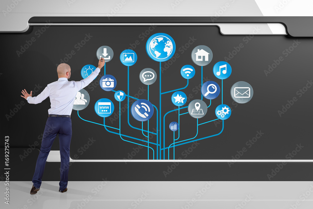 Aufkleber Businessman using social network interface on a board 3D rendering