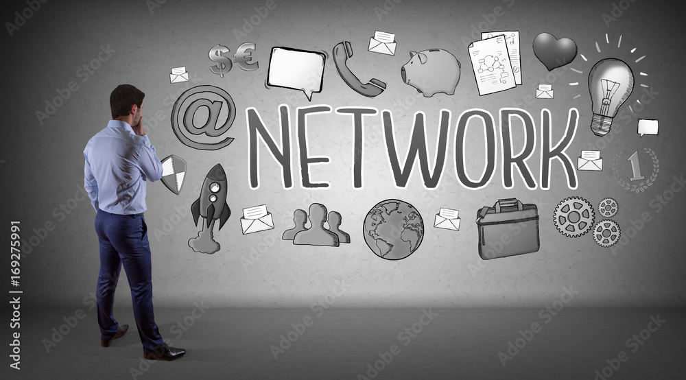 Aufkleber businessman watching social network sketch on a wall 3d rendering