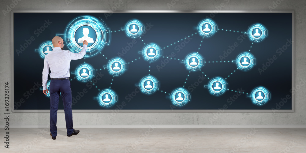 Aufkleber Businessman using social network interface on a board 3D rendering