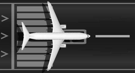 A modern jet passenger white plane on the runway. View from above. A well-designed image with a mass of small details. Airport marking.