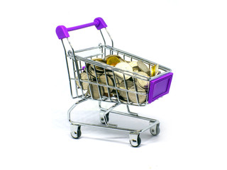 mini supermarket shopping cart purple color on white background, holiday sale and online shopping concept, selective focus, copy space,save money