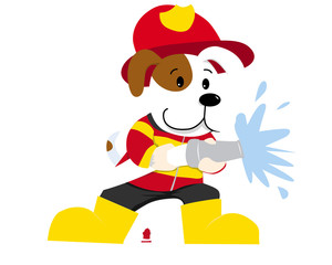 Cute Isolated Dog Character In Firefighter Uniform Illustration, Suitable for Education, Card, T-Shirt, Social Media, Print, Book, Stickers, and Any Other Kids Related Activities