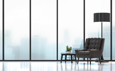 Fototapeta premium Modern living room 3D rendering image.There are white floor.Furnished with black wood and leather furniture .There are large windows look out to see the city background in the fog