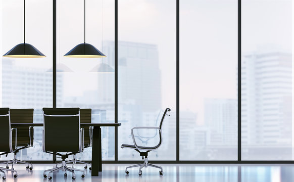 Meeting room in modern office 3D rendering image.There are white floor.Furnished with black furniture .There are large windows look out to see the city background in the  fog