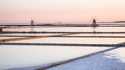 Marsala (Italy) - "Saline dello Stagnone", windmills at the Salt Lake in the Natural Reserve of the Stagnone Islands in Marsala, Sicily