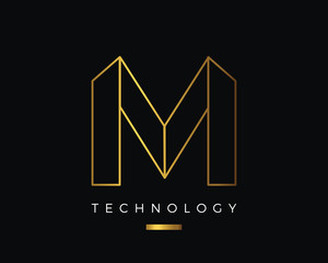 Modern Abstract Gold M Alphabet Logo, suitable for Technology, Multimedia, Photography, Marketing, Jewelry, and Other Business