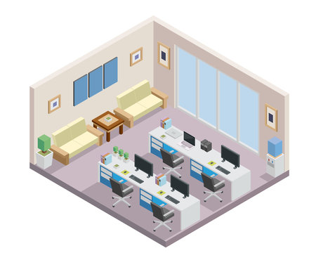 Modern productive creative office space interior design in isometric view.