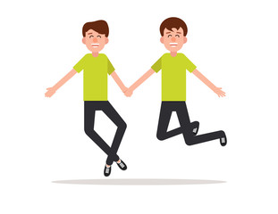 Happy. Couple of young man jumping on a white background. Character flat style.