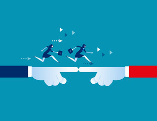 Business people running from hand to hand. Concept business vector illustration.