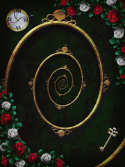 Alice in wonderland. Red  roses and white roses on  chess wonderland background. Clock and key and spiral frame. Rose flower frame. Illustration. The Droste Effect