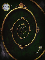 Alice in wonderland. Spiral frame  on chess wonderland background. Clock and key.  Illustration Droste Effect