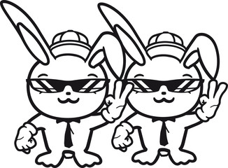 2 freunde team paar duo cool jung sonnenbrille mütze handschuhe peace zeichen hand krawatte stehend freundlich begrüßen kaninchen hase klein süß niedlich glücklich