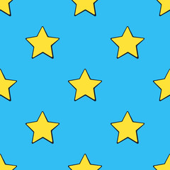 Vector illustration. Seamless pattern with cute yellow stars at pop art style on blue background. Weather symbol. Pattern with contour