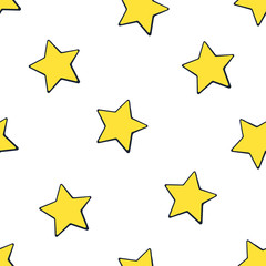 Vector illustration. Seamless pattern with falling cute yellow stars white background. Weather symbol. Pattern with contour