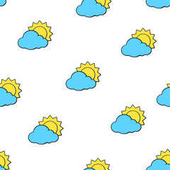 Vector illustration. Seamless pattern with suns disappeared behind a blue clouds on white background. Weather symbol. Pattern with contour