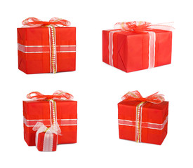 Holiday set gift boxes decorated with bows and ribbons