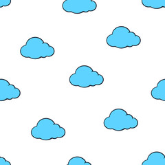 Vector illustration. Seamless pattern with cute blue clouds on white background. Weather symbol. Pattern with contour