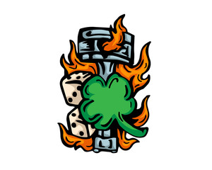 Vintage Tattoo Art Illustration - Lucky Clover And Flaming Motorcycle Piston