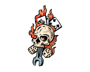 Vintage Tattoo Art Illustration - Flaming Skeleton Spade Head And Card