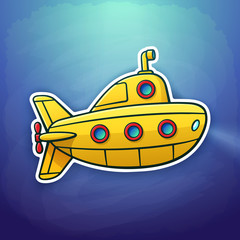 Vector illustration. Toy yellow submarine floating deep underwater. Sticker in cartoon style with contour. Yellow bathyscaphe with periscope and portholes. Isolated on dark blue background